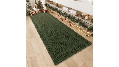 Boho Dark Green Waffle Bath Mat - 2'x6' Absorbent Rug