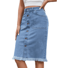 Denim Midi Skirt - Women's Frayed Hem Jean Skirt