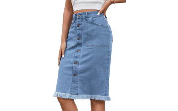 Denim Midi Skirt - Women's Frayed Hem Jean Skirt
