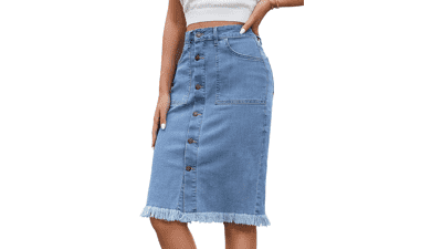 Denim Midi Skirt - Women's Frayed Hem Jean Skirt