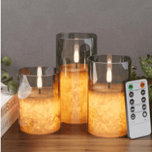 Grey Flameless Candles with Remote Timer, 3 Pack