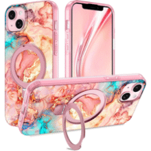 IPhone 15 Plus Case with Magnetic Ring Stand - Rose Gold Marble