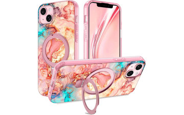 IPhone 15 Plus Case with Magnetic Ring Stand - Rose Gold Marble