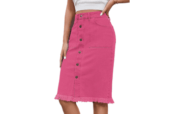 Luvamia Women's Denim Midi Skirt - Frayed Hem, Mid Rise
