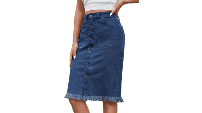 Luvamia Women's Denim Midi Skirt - Frayed Hem