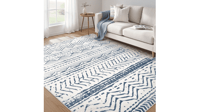 Navy Blue Boho Area Rug 5x7 - Washable Moroccan Farmhouse Rug