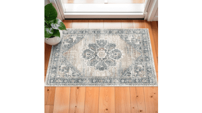 Non-Slip Washable Entryway Rug - 2x3 Blue Vintage Door Mat
