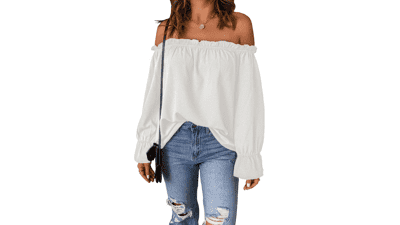Off Shoulder Chiffon Blouse - Women's Ruffle Long Sleeve Top