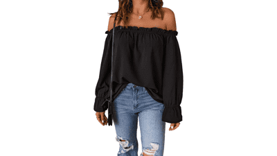 Off Shoulder Chiffon Blouse - Women's Ruffle Long Sleeve Top