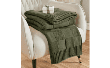 Olive Green Check Knit Throw Blanket - Soft & Cozy