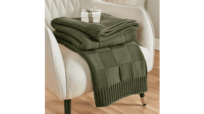 Olive Green Check Knit Throw Blanket - Soft & Cozy