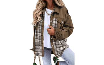 Oversized Denim Plaid Shacket - Women's Boyfriend Jean Jacket