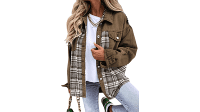 Oversized Denim Plaid Shacket - Women's Boyfriend Jean Jacket