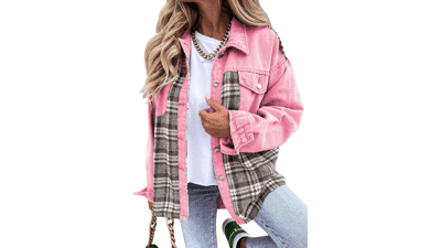 Oversized Denim Plaid Shacket - Women's Casual Jean Jacket