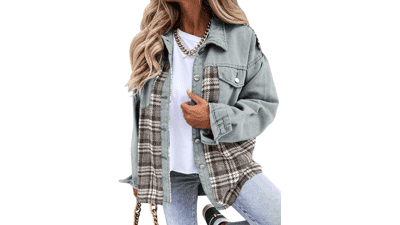 Oversized Denim Plaid Shacket: Women's Trendy Jean Jacket