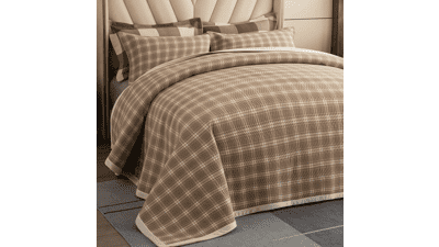 Queen Beige Plaid Quilt Set - Ultra Soft Bedding