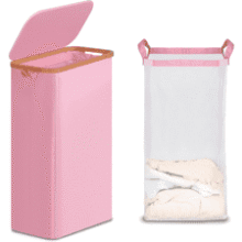 Slim Laundry Basket with Lid - 75L Pink Hamper