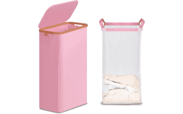 Slim Laundry Basket with Lid - 75L Pink Hamper