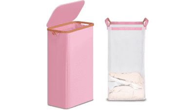Slim Laundry Basket with Lid - 75L Pink Hamper
