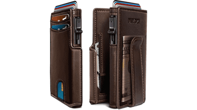 Slim RFID Wallet Money Clip - Magnetic Leather Pop-Up Card Holder