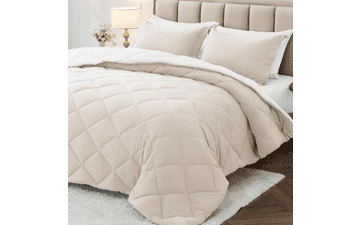 Twin Comforter Set, 5 Piece Bed in a Bag - Beige & White