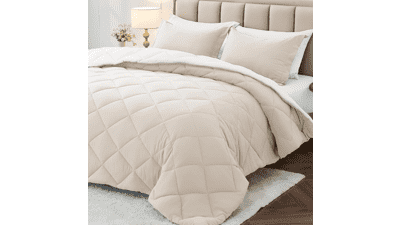 Twin Comforter Set, 5 Piece Bed in a Bag - Beige & White