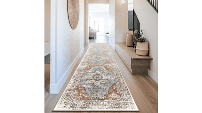 Washable 2x10 Boho Rug - Green, Red Vintage Design