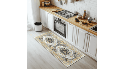 Washable 2x6 Area Rug - Boho Vintage Grey Brown