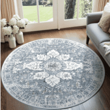 Washable Boho Area Rug - 8ft Round Blue Grey Vintage Carpet