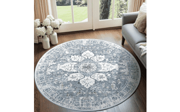 Washable Boho Area Rug - 8ft Round Blue Grey Vintage Carpet