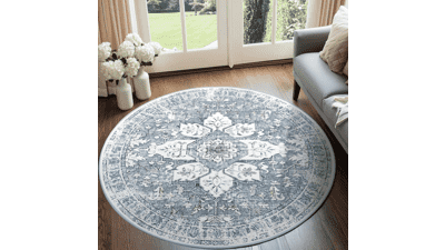 Washable Boho Area Rug - 8ft Round Blue Grey Vintage Carpet