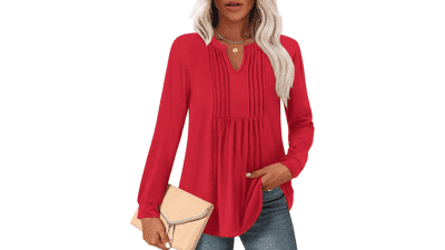 Women's Pleated Tunic Top - Long Sleeve Blouse for Leggings
