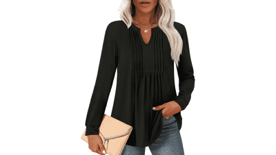 Women's Pleated Tunic Top - Long Sleeve Blouse for Leggings