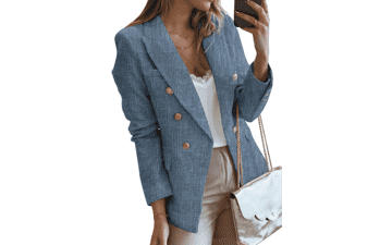 Women's Tweed Blazer - Double Breasted Long Sleeve Jacket