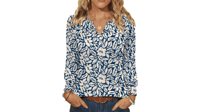 Women's V Neck Long Sleeve Pleated Top