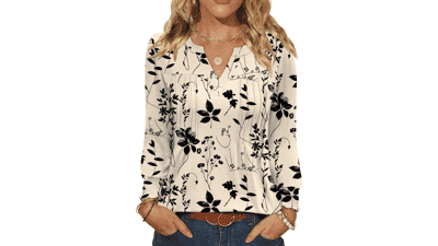Women's V Neck Long Sleeve Pleated Top