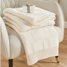 Cream White Checkered Knit Throw Blanket