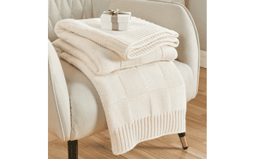 Cream White Checkered Knit Throw Blanket
