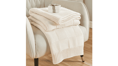 Cream White Checkered Knit Throw Blanket