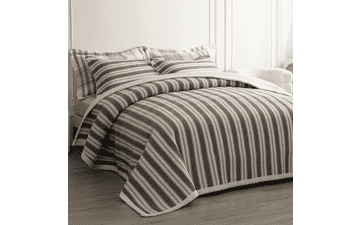 Queen Size Cotton Striped Quilt Set - Grey & White