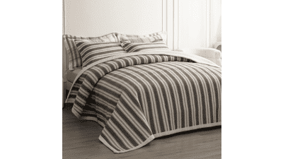 Queen Size Cotton Striped Quilt Set - Grey & White