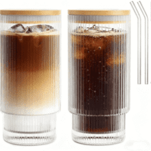 16oz Ribbed Glass Cups with Lids & Straws