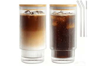 16oz Ribbed Glass Cups with Lids & Straws