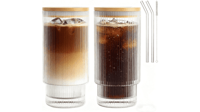 16oz Ribbed Glass Cups with Lids & Straws