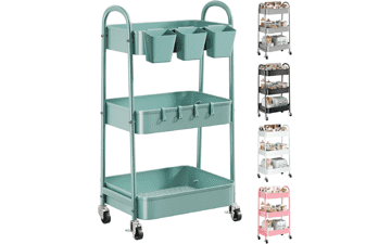 3-Tier Green Metal Rolling Cart with Lockable Wheels – Utility Storage Organizer