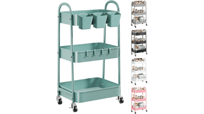 3-Tier Green Metal Rolling Cart with Lockable Wheels – Utility Storage Organizer