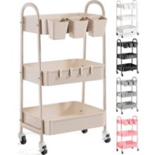 3-Tier Khaki Metal Rolling Storage Cart with Lockable Wheels