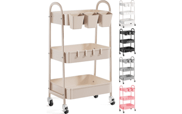 3-Tier Khaki Metal Rolling Storage Cart with Lockable Wheels