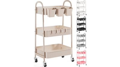 3-Tier Khaki Metal Rolling Storage Cart with Lockable Wheels