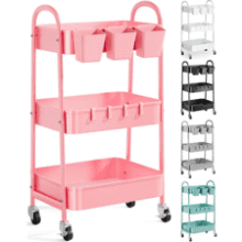3-Tier Pink Rolling Cart with Lockable Wheels